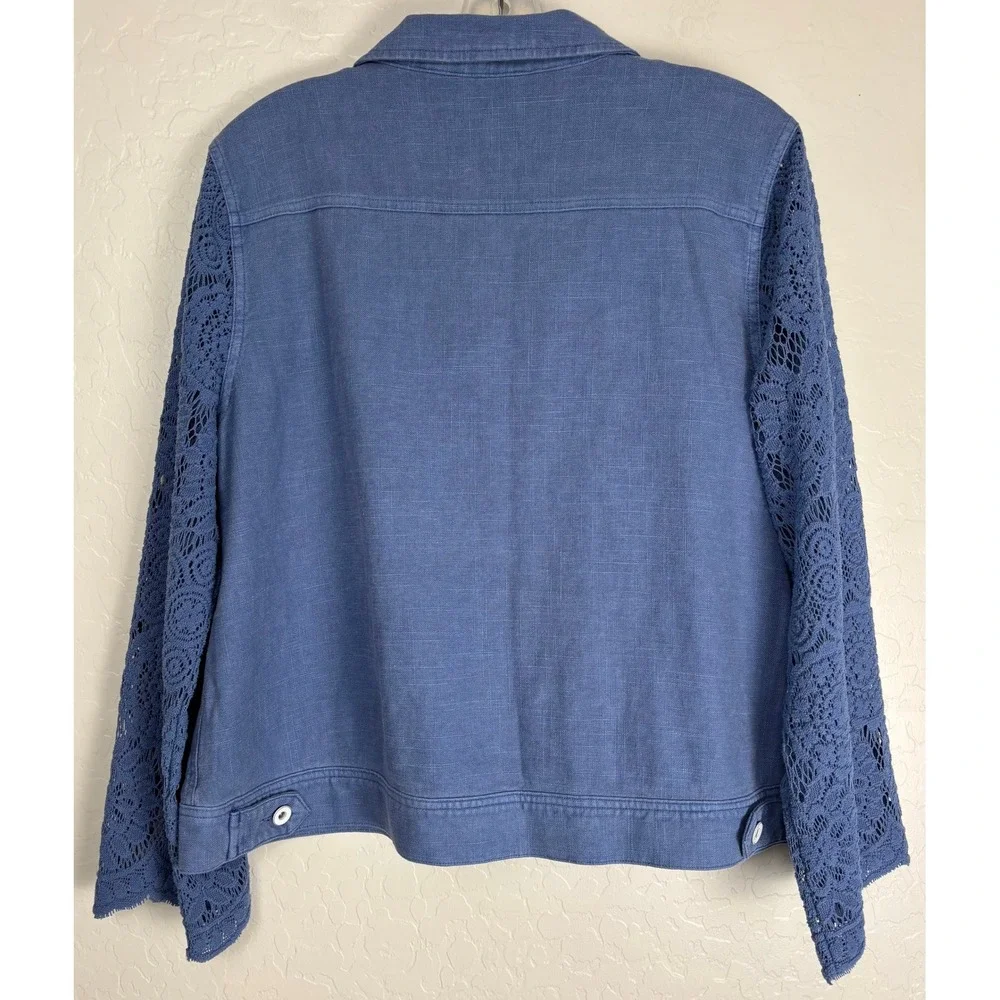 Soft Surroundings Blue Linen Lace Sleeve Jacket Womens L 2325